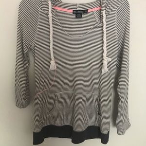 Gray striped sweatshirt.